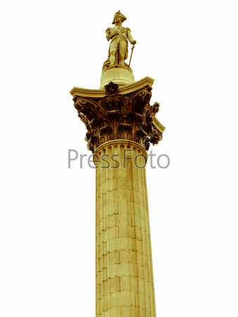 Vintage look Nelson Column monument in Trafalgar Square London UK - isolated over white background