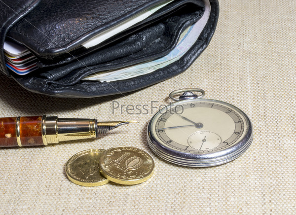 Wallet with money and vintage watch