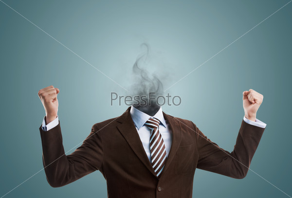 Overworked burnout business man standing headless with smoke\
instead of his head. Strong stress concept