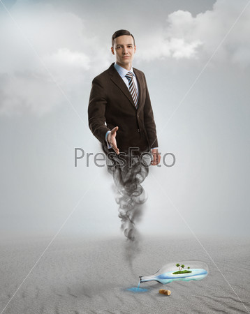 Genie business man appearing from the magic lamp or bottle. Help, assistance urgent solution concept