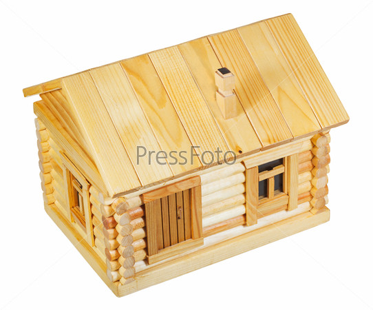 above view of model of simple village wooden log house isolated on white background