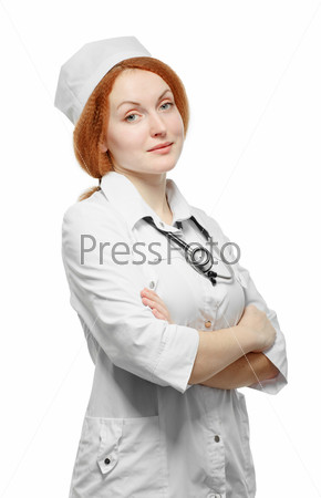 Redhead Medical doctor woman with stethoscope. Isolated on white background