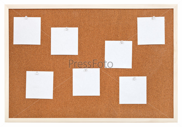 several sheets of paper on bulletin cork board isolated on white background