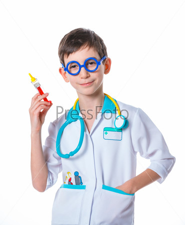 Portrait of a little smiling doctor with stethoscope and\
syringe Isolated on white background