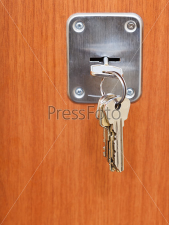 Keys on ring in keyhole of door