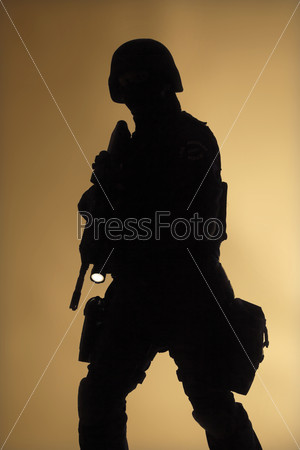 Special weapons and tactics team (SWAT) officer silouette in the fog