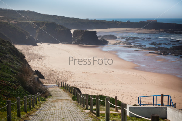 Western Portugal Ocean Coastline at Low Tide. Vignetted Shot, stock photo