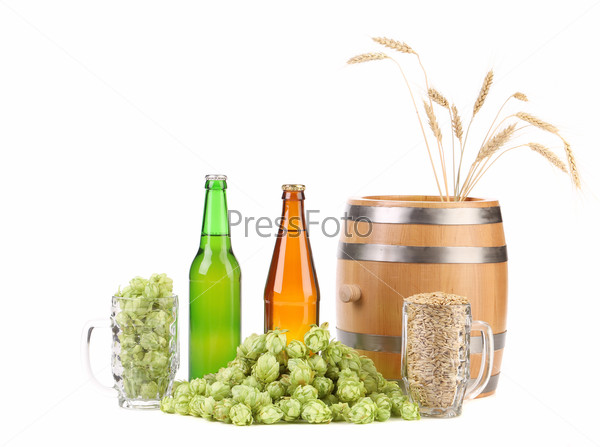 Barrel and bottles of beer with hop. Isolated on a white background.