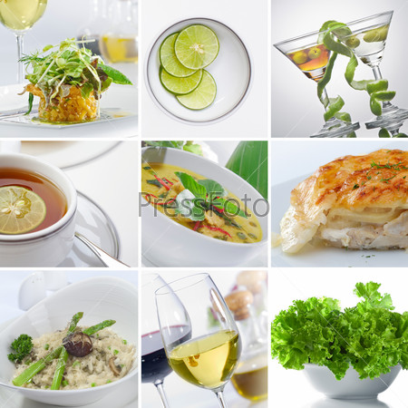 Food and drink theme collage composed of a few different images, stock photo
