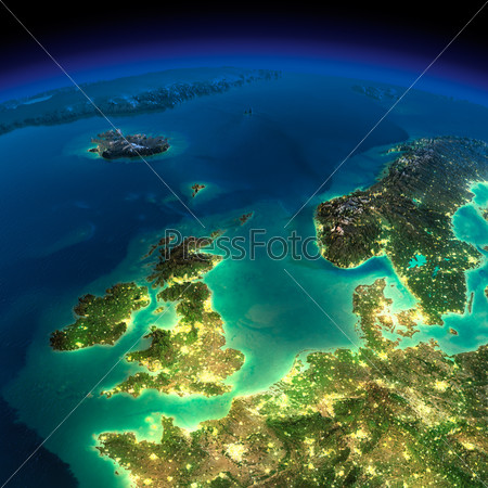 Highly detailed Earth, illuminated by moonlight. The glow of cities sheds light on the detailed exaggerated terrain. Night. United Kingdom and the North Sea. Elements of this image furnished by NASA