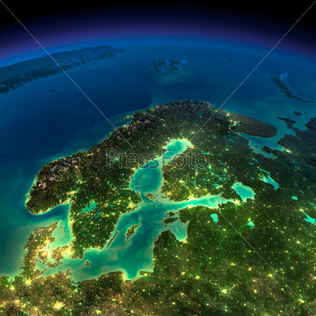 Highly detailed Earth, illuminated by moonlight. The glow of cities sheds light on the detailed exaggerated terrain. Night Earth. Europe. Scandinavia.