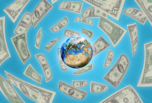 Earth on blue background. Money falling around