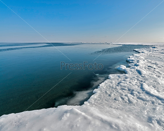 Pack ice on the coast of the Okhotsk sea, Sakhalin island, Russia.