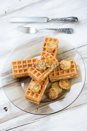 Waffles with grilled banana, high angle view, vertical shot