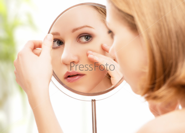 Stock Photo: young beautiful healthy woman and reflection in the mirror