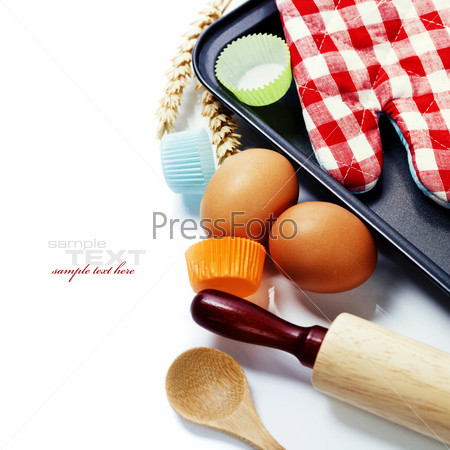 Cooking and baking concept (Ingredients and kitchen tools). With easy removable sample text