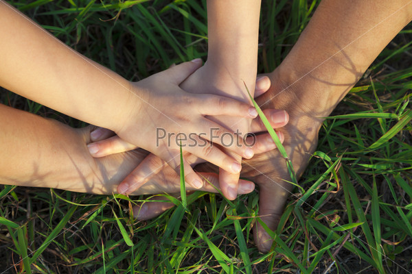 family hand stack together on the grass