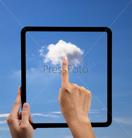cloud computing and touch pad concept. hand holding black empty frame and touch the cloud