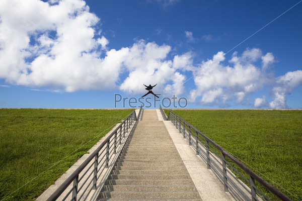 business man and woman  shaking hands on the top of stairs