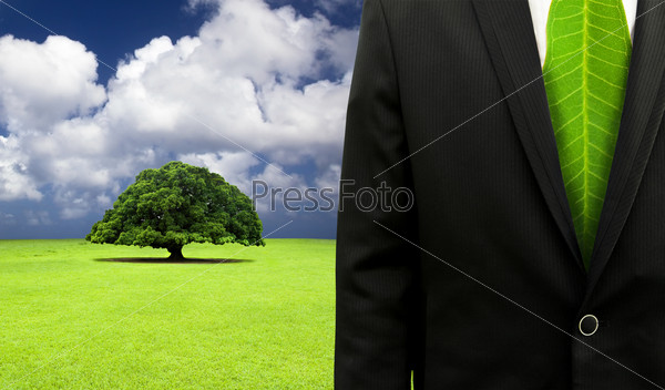green business concept.Businessman with leaf tie and old tree background