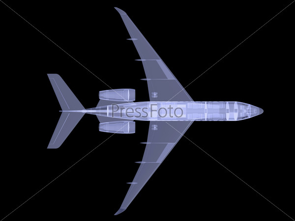 Small commercial plane with internal equipment. X-ray image. Isolated render on a black background