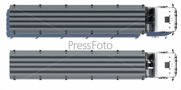 Truck transporting pipe Top view Isolated render on a white..