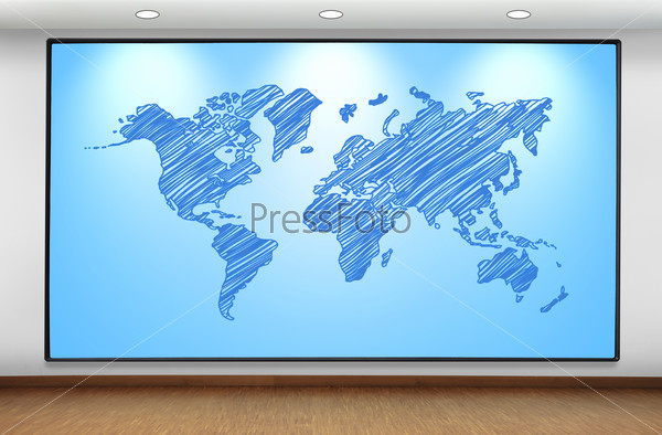 big plasma panel with world map on wall