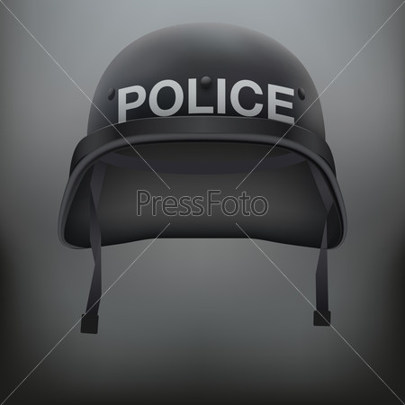 Background of black police helmet and goggles. Space for text. Metal army symbol of defense and protection.