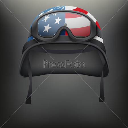 Background of Military helmet and goggles with USA flag. Metal army symbol of defense.