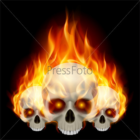 Raster version. Three flaming skulls with fiery eyes on black background