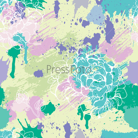 Seamless pattern with blots, ink splashes and hand drawn flowers. Abstract background for design in grunge style. Ready to use as swatch. Raster version
