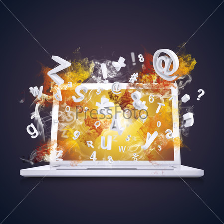 Laptop emits letters, numbers and colored smoke. Technology concept