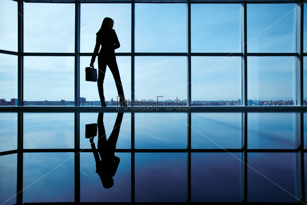 Outline of office worker with briefcase standing by the window, stock photo