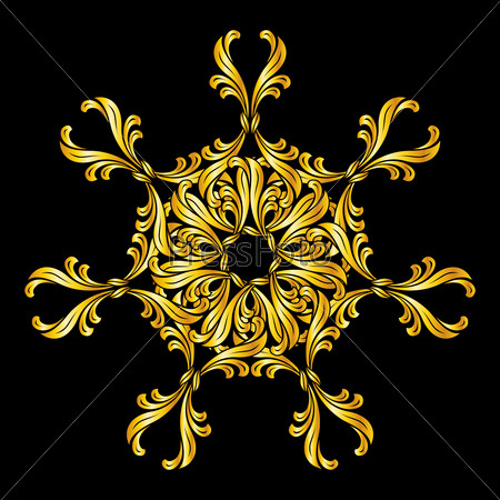 Raster version. Abstract floral design element in golden shades on black background