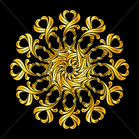 Raster version. Ornament in floral style and golden shades on black background