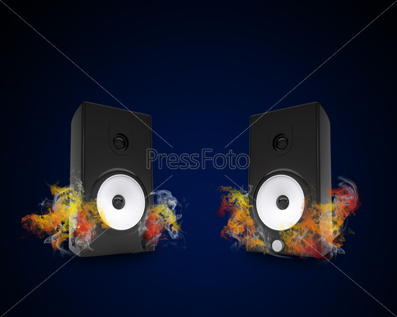 Two audio speaker in the colored smoke. concept of sound