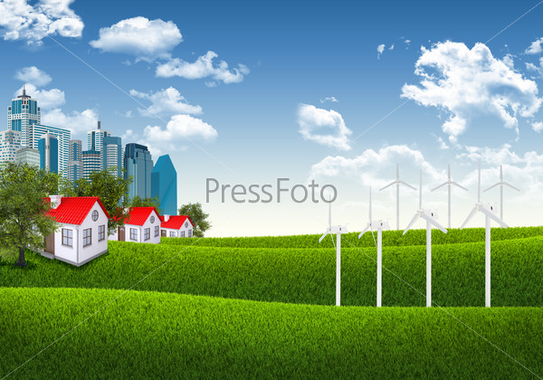 Blue sky, green grass and town