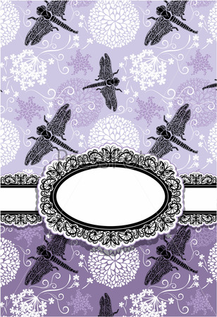 Vertical Card with flowers and dragonfly. Oval lace frame. Raster version