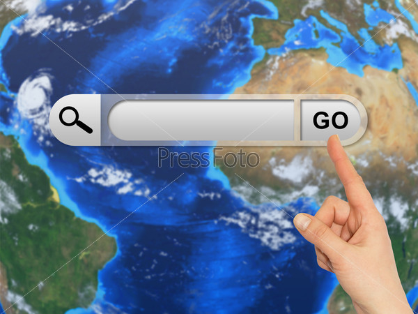Human hand indicates the search bar in browser. Surface of earth on background. Elements this image are furnished by NASA