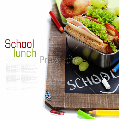 school lunch and  blank chalk board over white