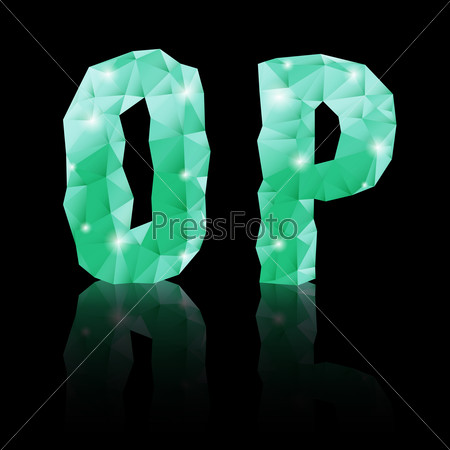 Raster version. Shiny emerald green polygonal font with reflection on black background. Crystal style O and P letters