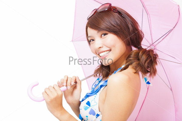 Young woman holding a umbrella. isolated on a white background