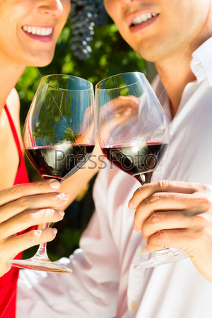Woman and man in vineyard drinking red wine in the sunshine clinking the glasses