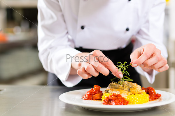 Female Chef in hotel or restaurant kitchen cooking, only hands, she is finishing a dish on plate, stock photo