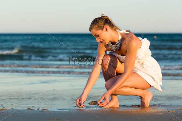 Women looking for sea shells in romantic sunset, stock photo