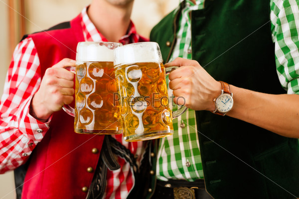 Two young men in traditional Bavarian Tracht in restaurant or pub with beer and beer stein