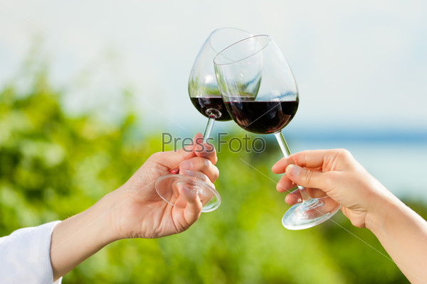 Happy couple - man and woman, only hands to be seen - drinking wine at lake in summer