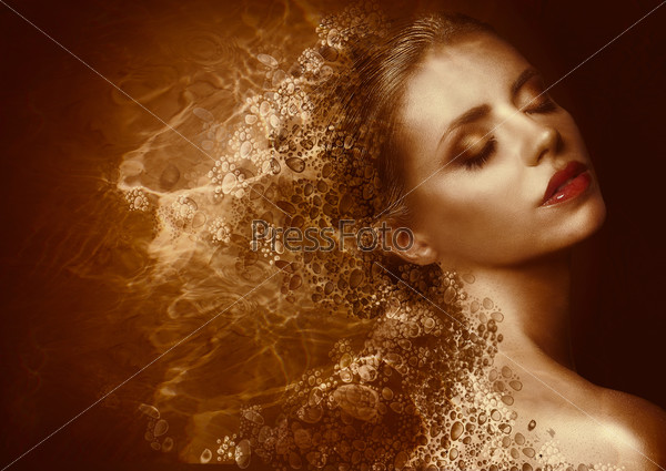 Fantasy. Enigmatic Woman with Golden Painted Skin. Metallic Splash