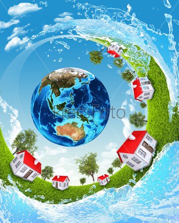 Earth, green grass, houses and water