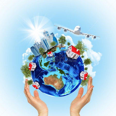Woman hands hold Earth with buildings and airplane. Elements of this image are furnished by NASA